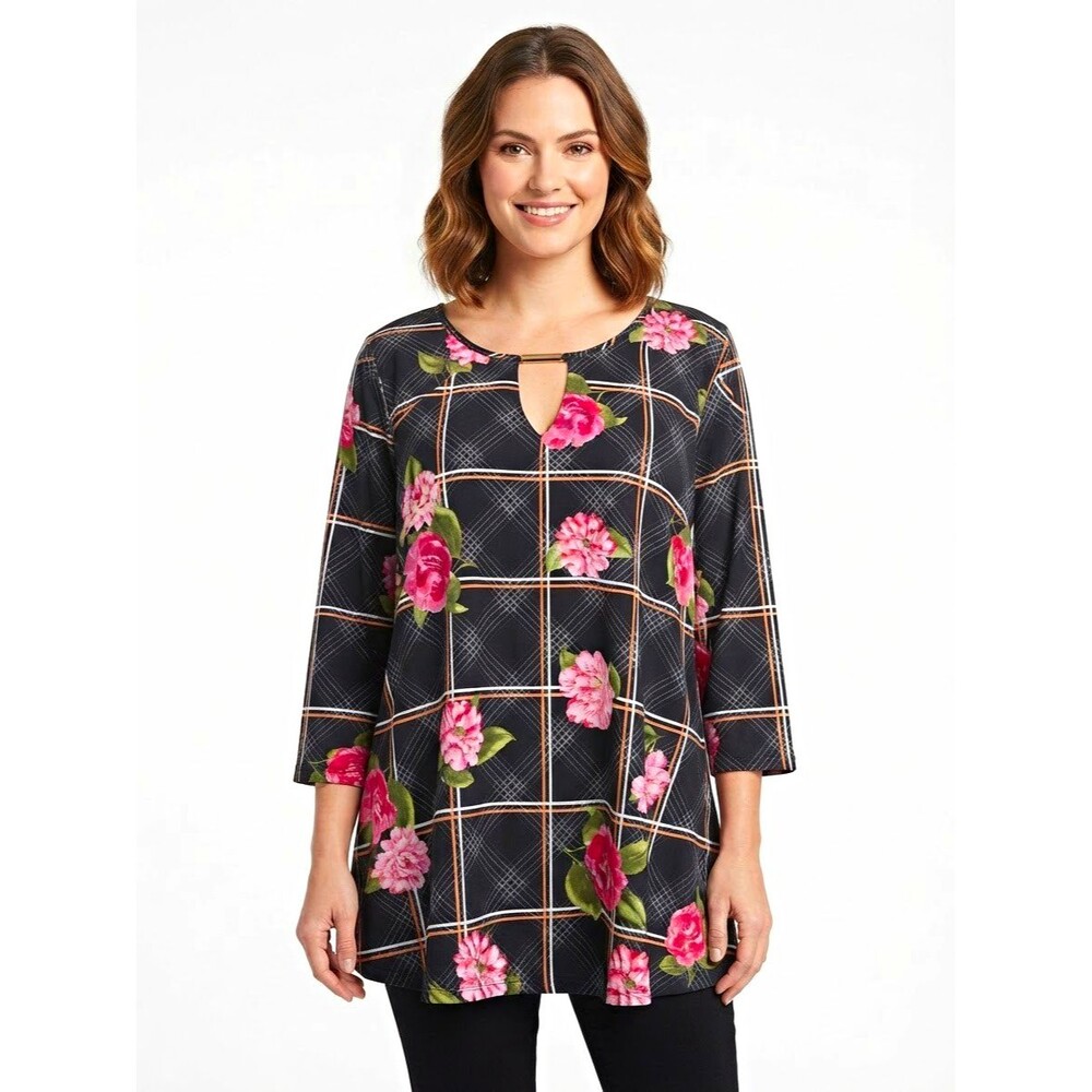 MILEAGE Womens Top plus 2X Black Pink Floral Plaid 3/4 Slv Keyhole cottagecore